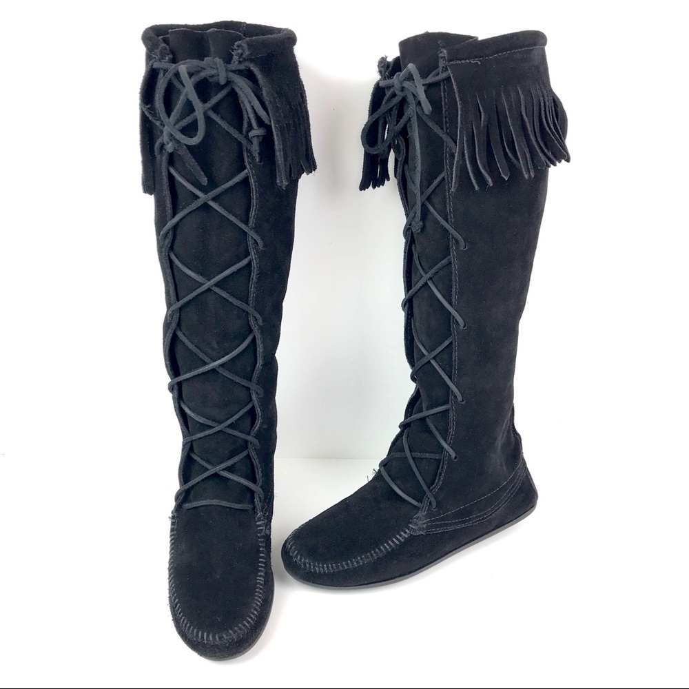 Minnetonka Knee High Lace Up Suede Leather Boots